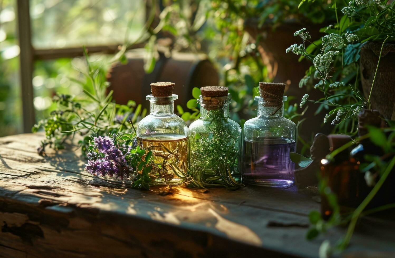 AI generated a group of oils in bottles on an old wooden table photo