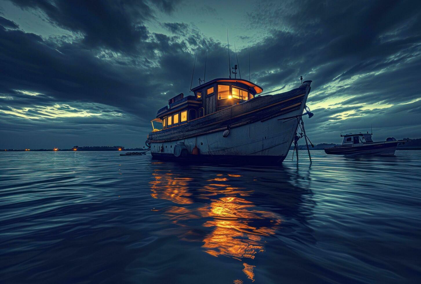 ai generado un pescar barco y cielo a noche foto