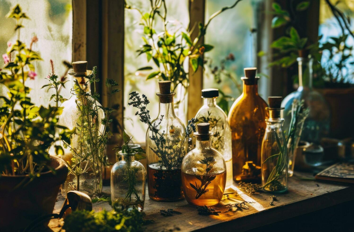 ai generado un colección de hierbas en botellas en el mesa foto