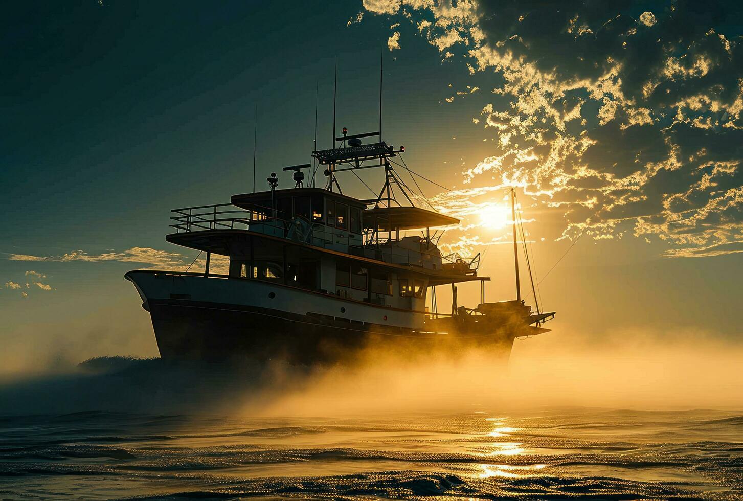AI generated a fishing ship is moving under the sun photo