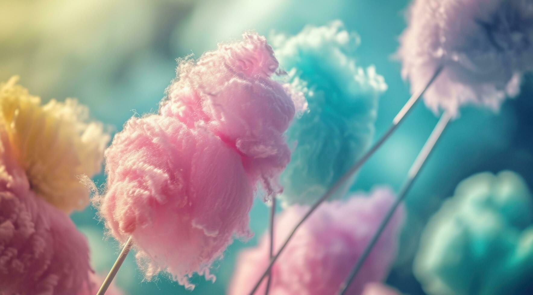 AI generated a closeup of multi color cotton candy with a colorful background on different candies photo