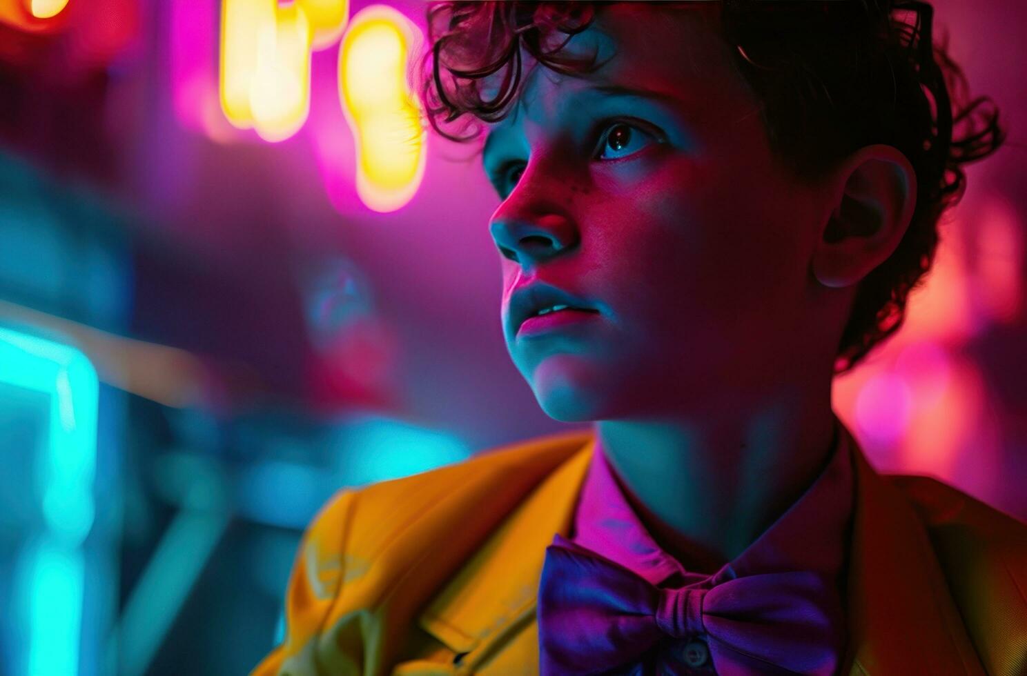 AI generated a kid in yellow and purple shirt wearing a bow tie and a yellow jacket photo