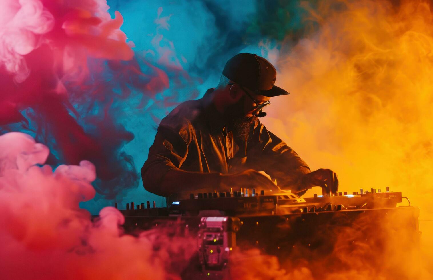 AI generated a dj is in a box with equipment and smoke photo