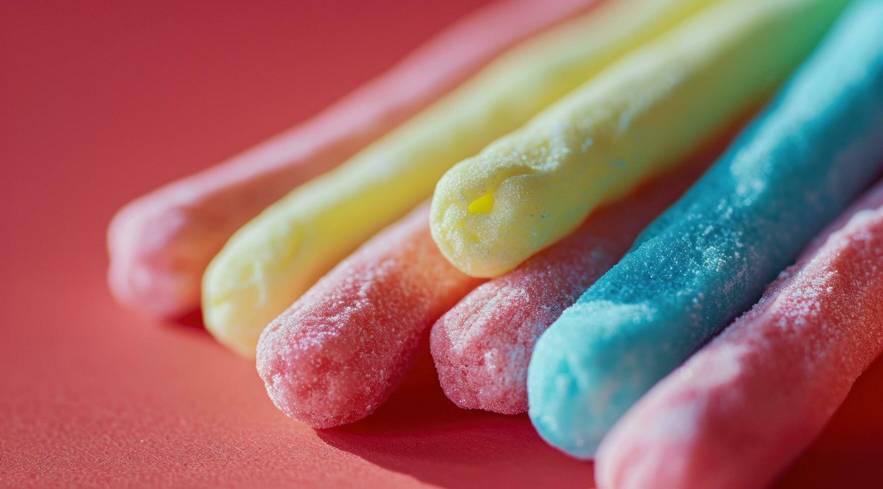 AI generated a close up of some colored cotton candy sticks against a red background photo