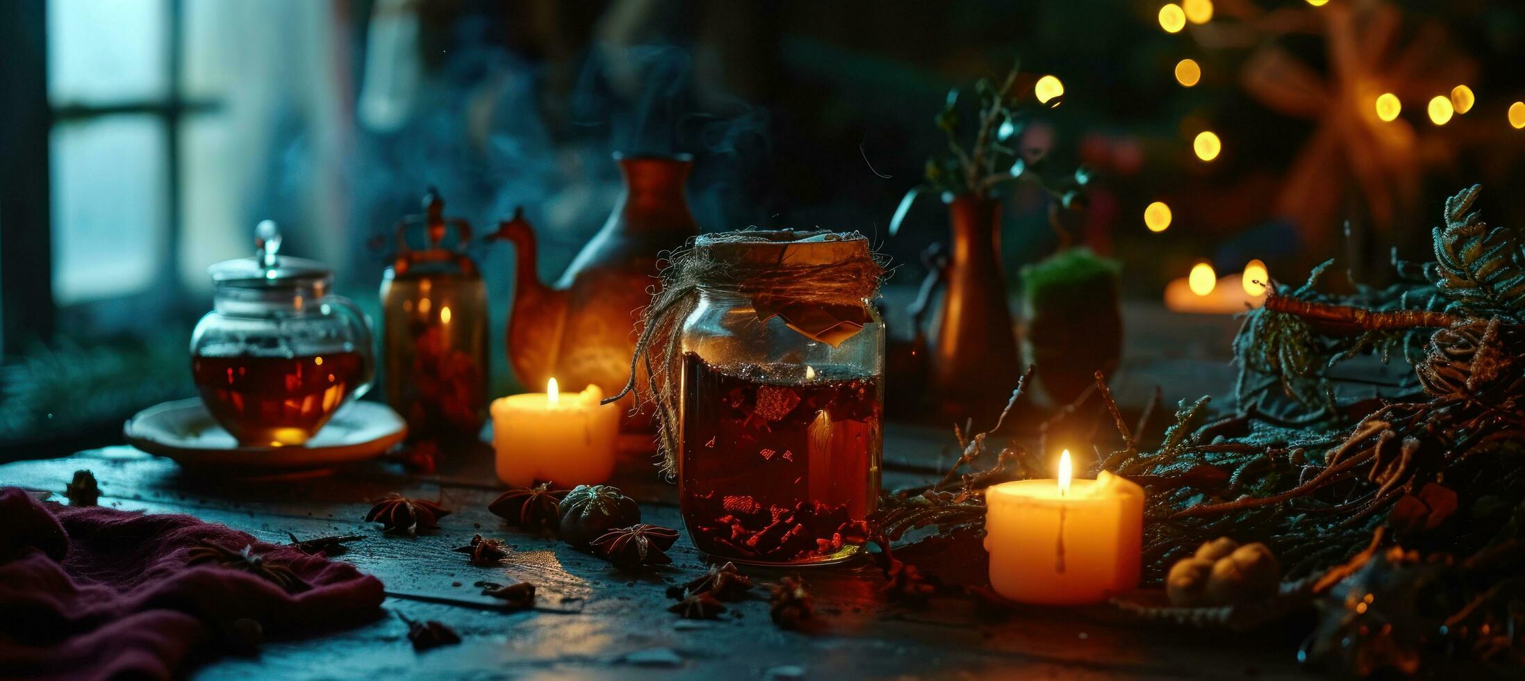 AI generated a jar with spiced tea near some candle and decorations photo