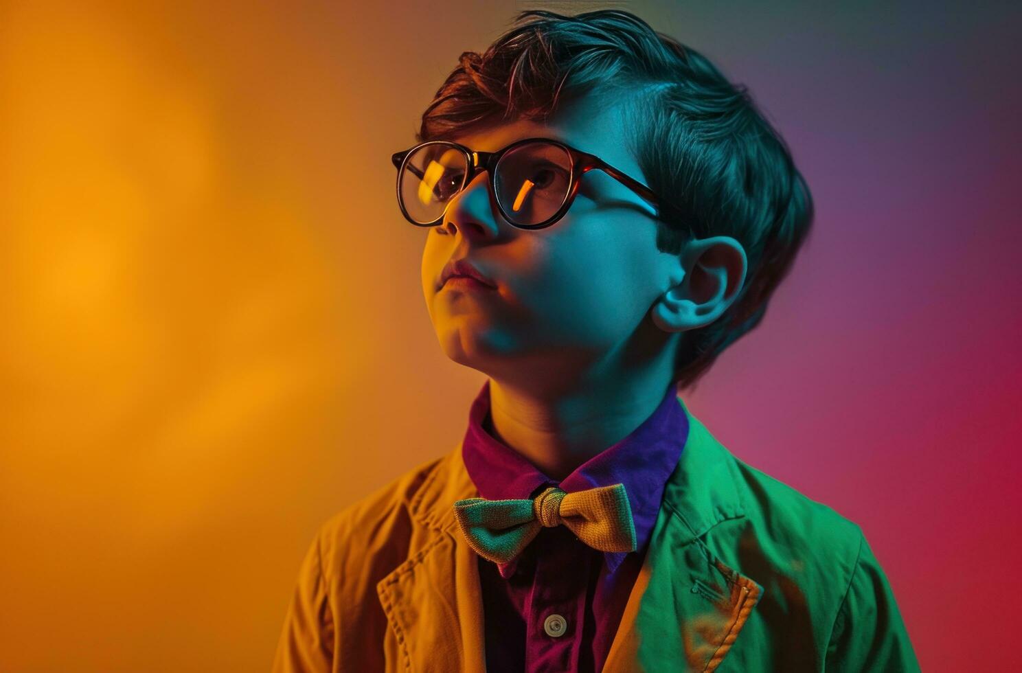 AI generated a kid in yellow and purple shirt wearing a bow tie and a yellow jacket photo