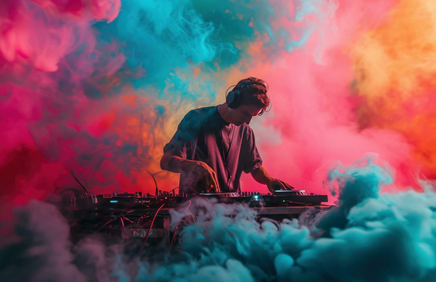 AI generated a dj is in a box with equipment and smoke photo