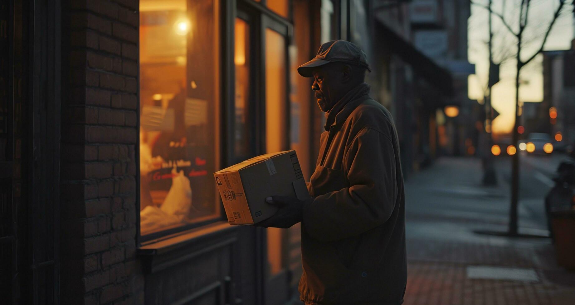 AI generated a man holding a delivery package in street photo