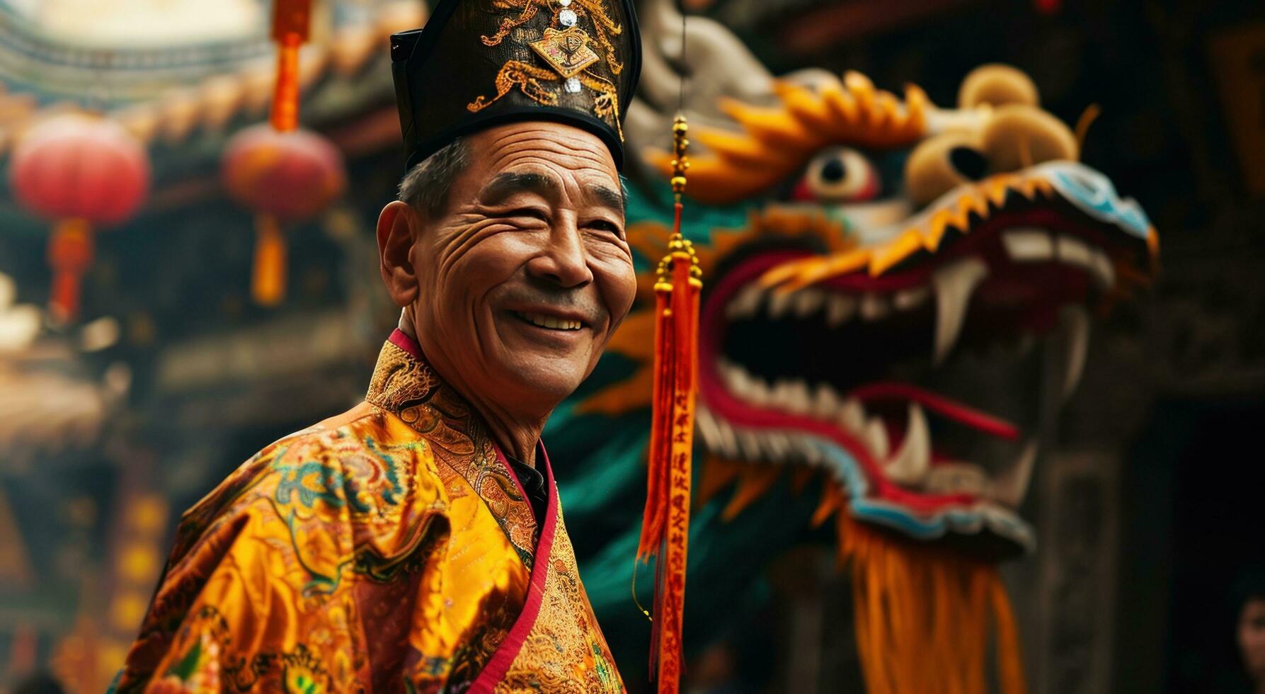 AI generated a man in a traditional chinese costume smiling next to a dragon photo