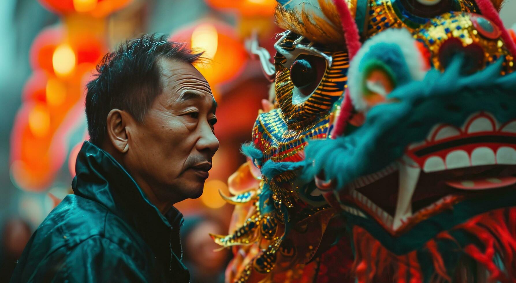 AI generated a man stands next to a colorful dragon to celebrate the new year photo
