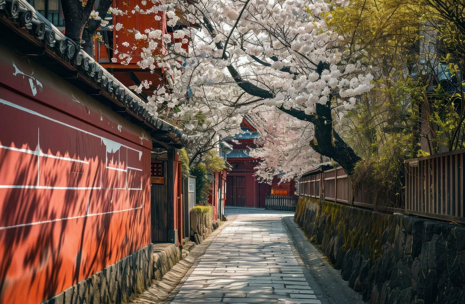 AI generated a narrow alley leading to a pagoda with white blossoms on either side photo