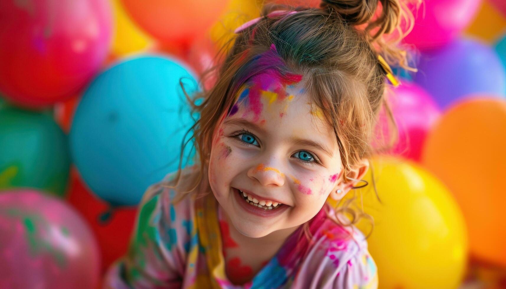 AI generated a little girl showing off her colors while smiling with balloons behind her photo