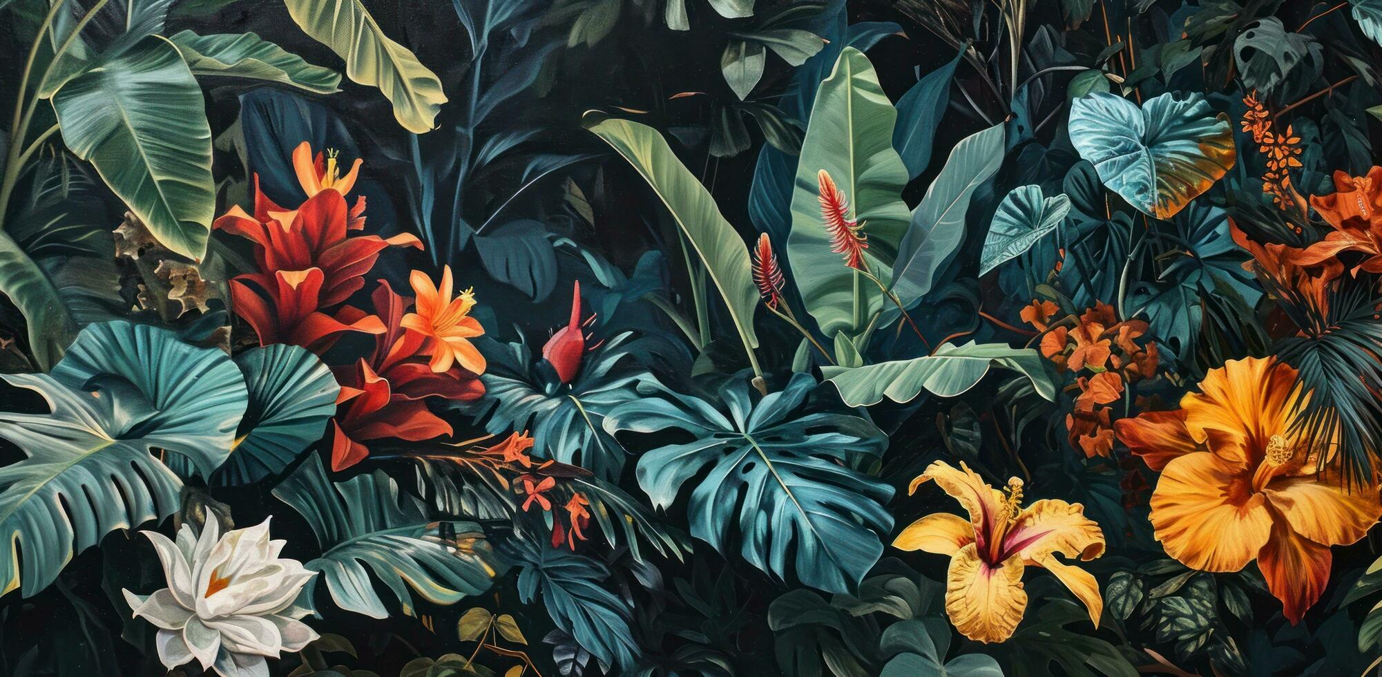 ai generado un pintura de tropical plantas en un oscuro noche foto