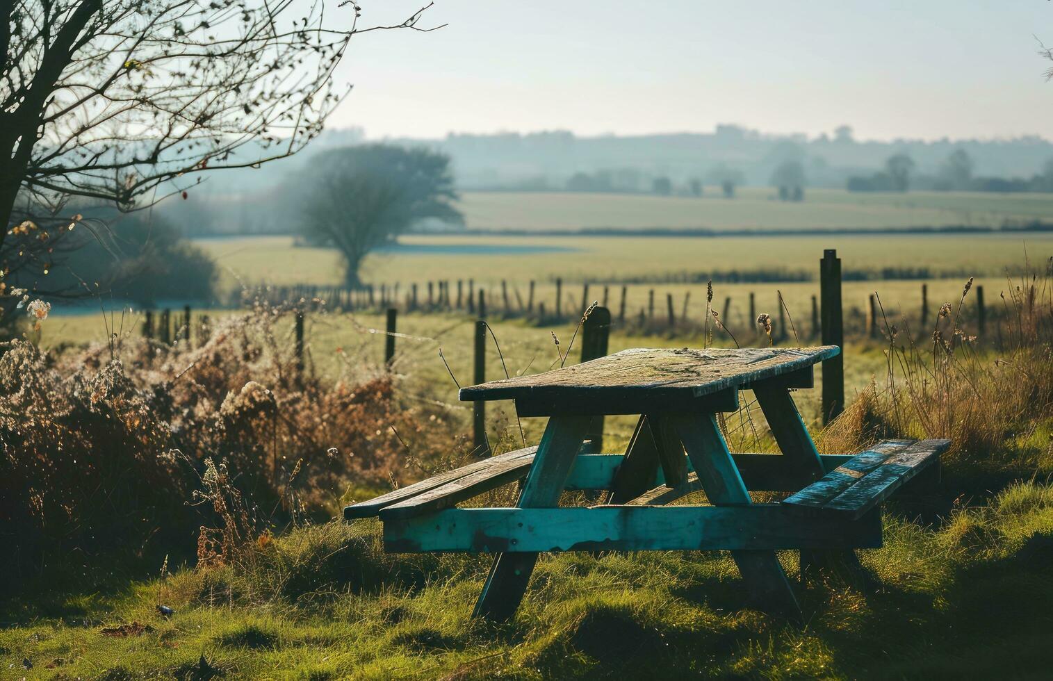 AI generated a picnic table sitting outside overlooking a farmland photo