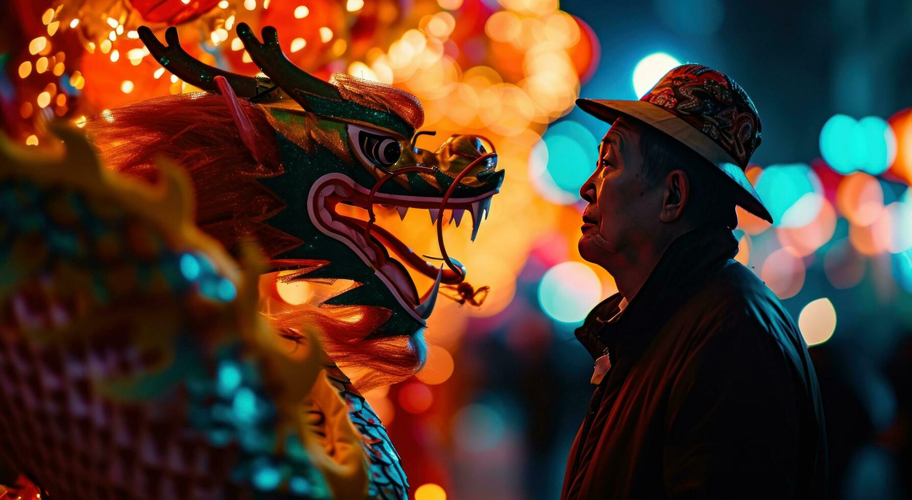AI generated a man stands next to a colorful dragon to celebrate the new year photo