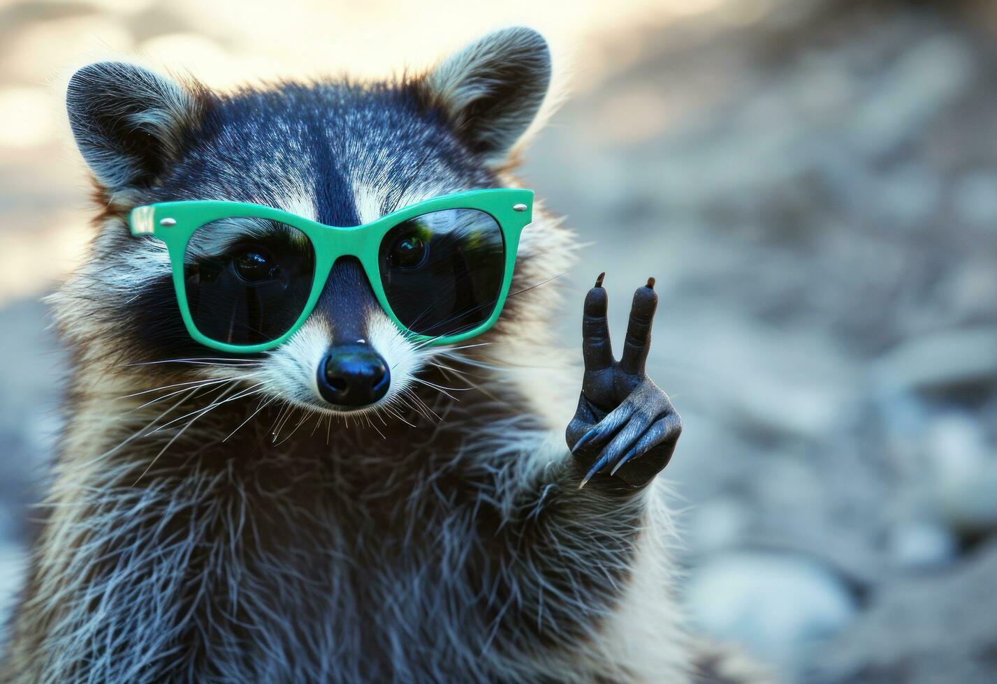 AI generated a raccoon wearing green sunglasses making a hand gesture photo