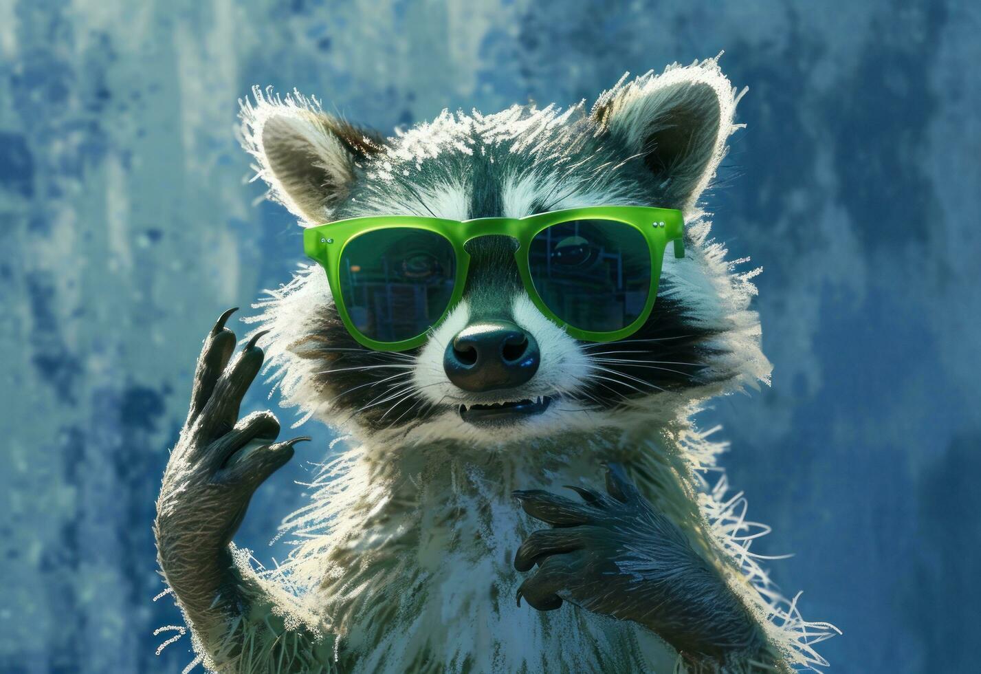 AI generated a raccoon wearing green sunglasses making a hand gesture photo