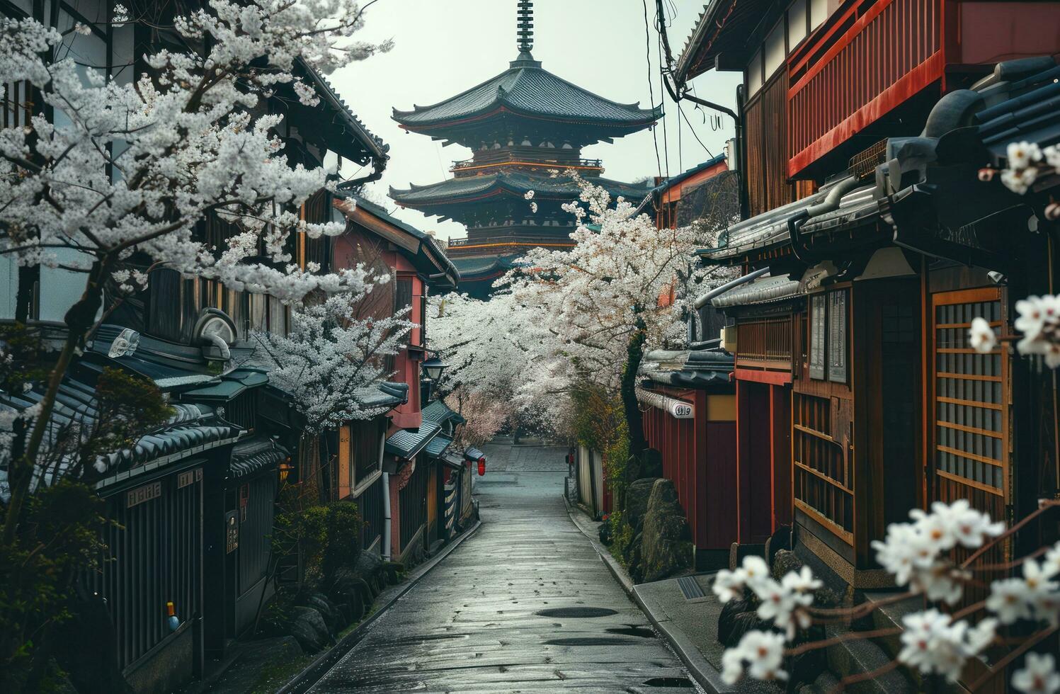 AI generated a narrow alley leading to a pagoda with white blossoms on either side photo