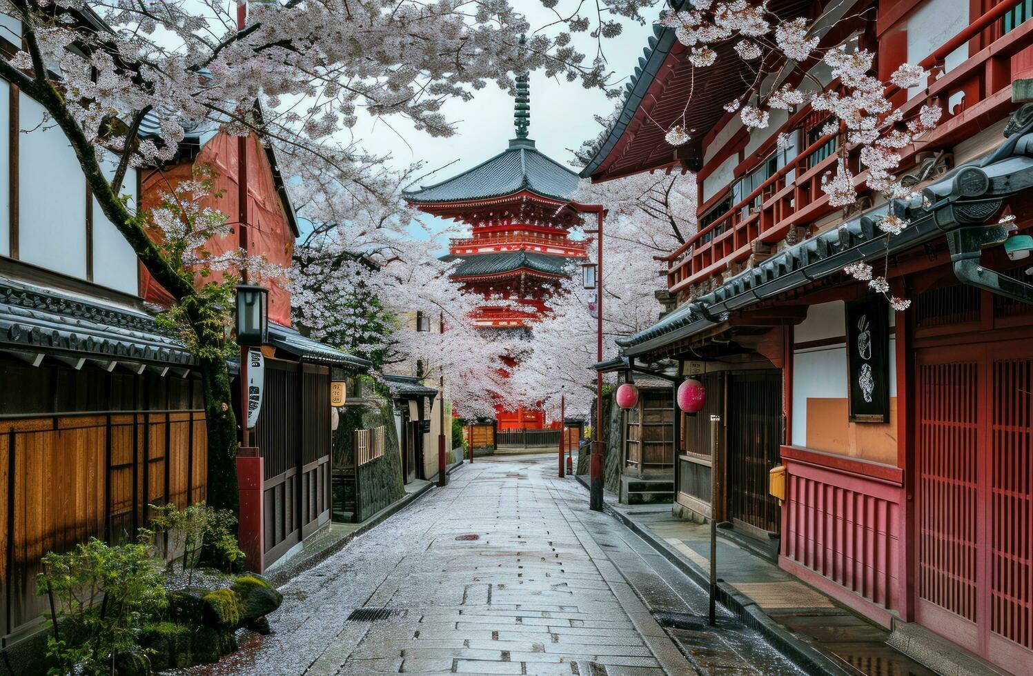 AI generated a narrow alley leading to a pagoda with white blossoms on either side photo