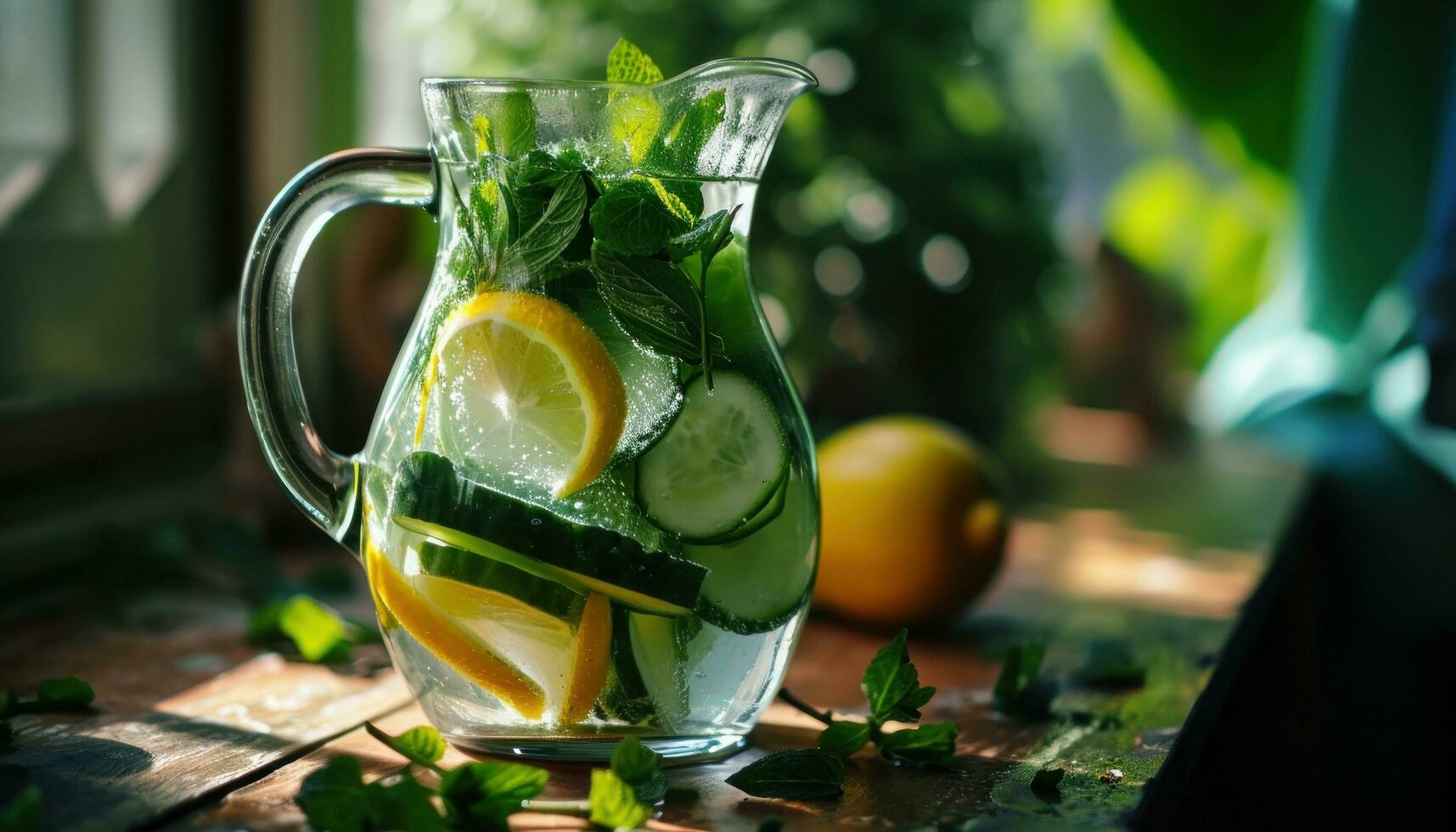 AI generated a pitcher of water with lemons, mint and cucumber photo