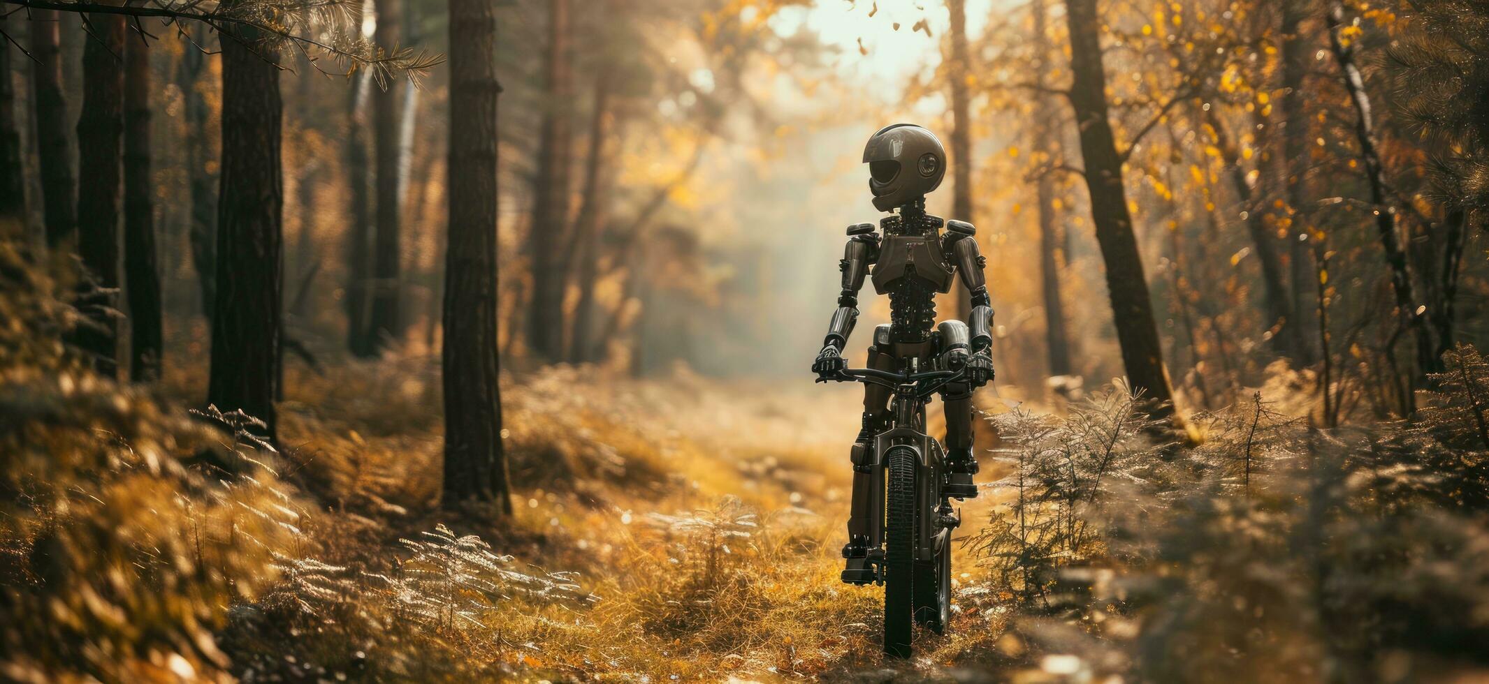 AI generated a robot driving a bicycle through the wooded area photo