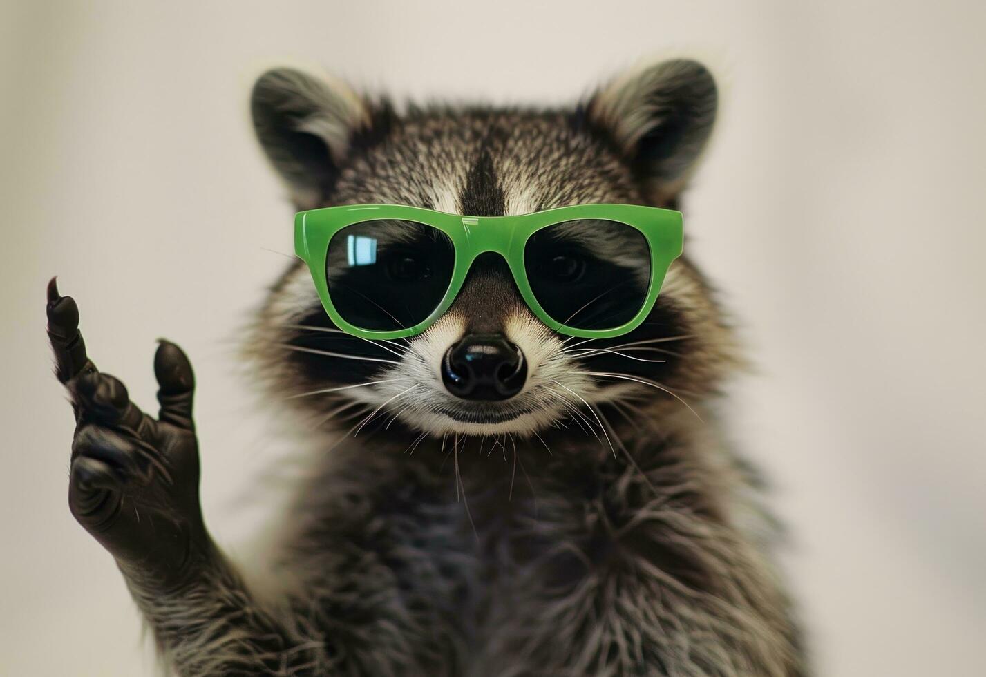 ai generado un mapache vistiendo verde Gafas de sol haciendo un mano gesto foto