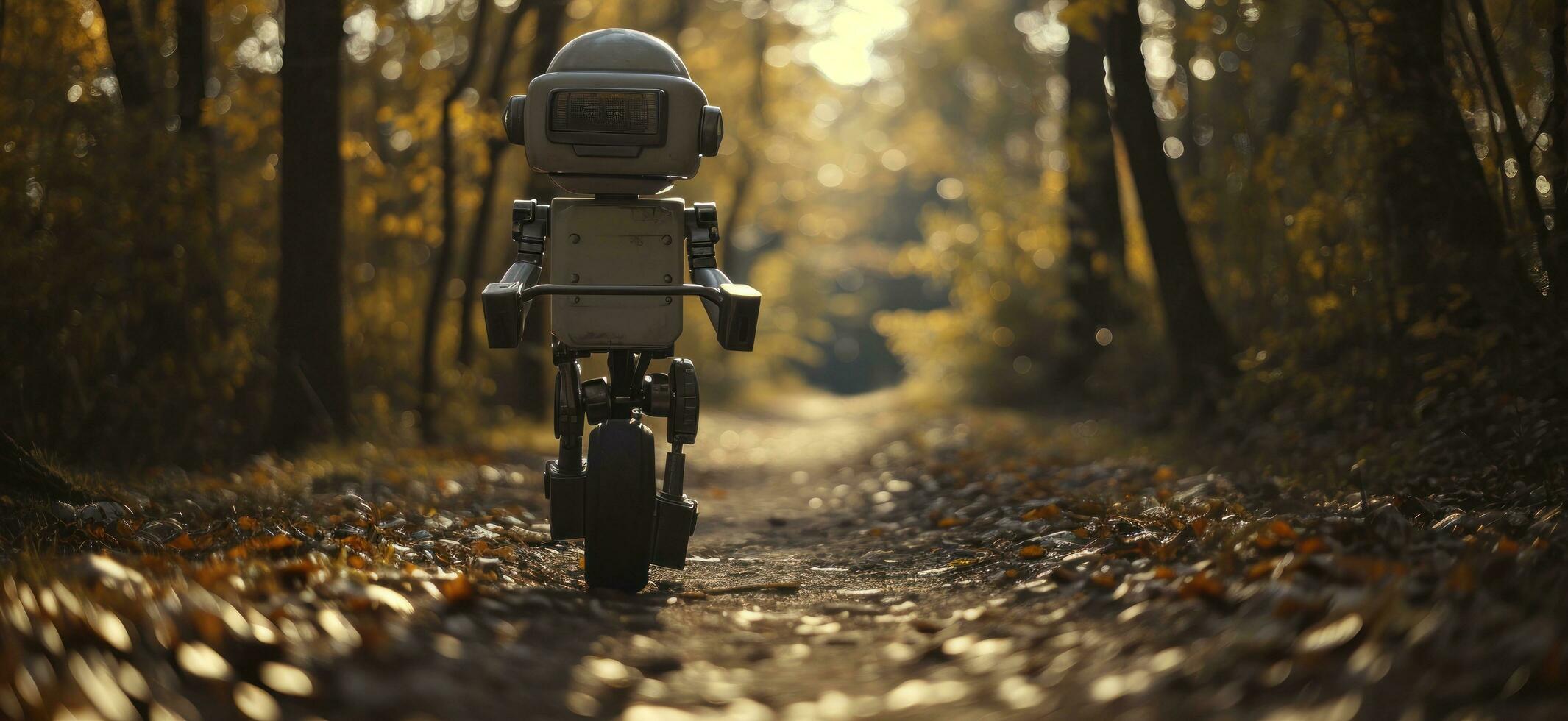 ai generado un robot conducción un bicicleta mediante el enselvado zona foto