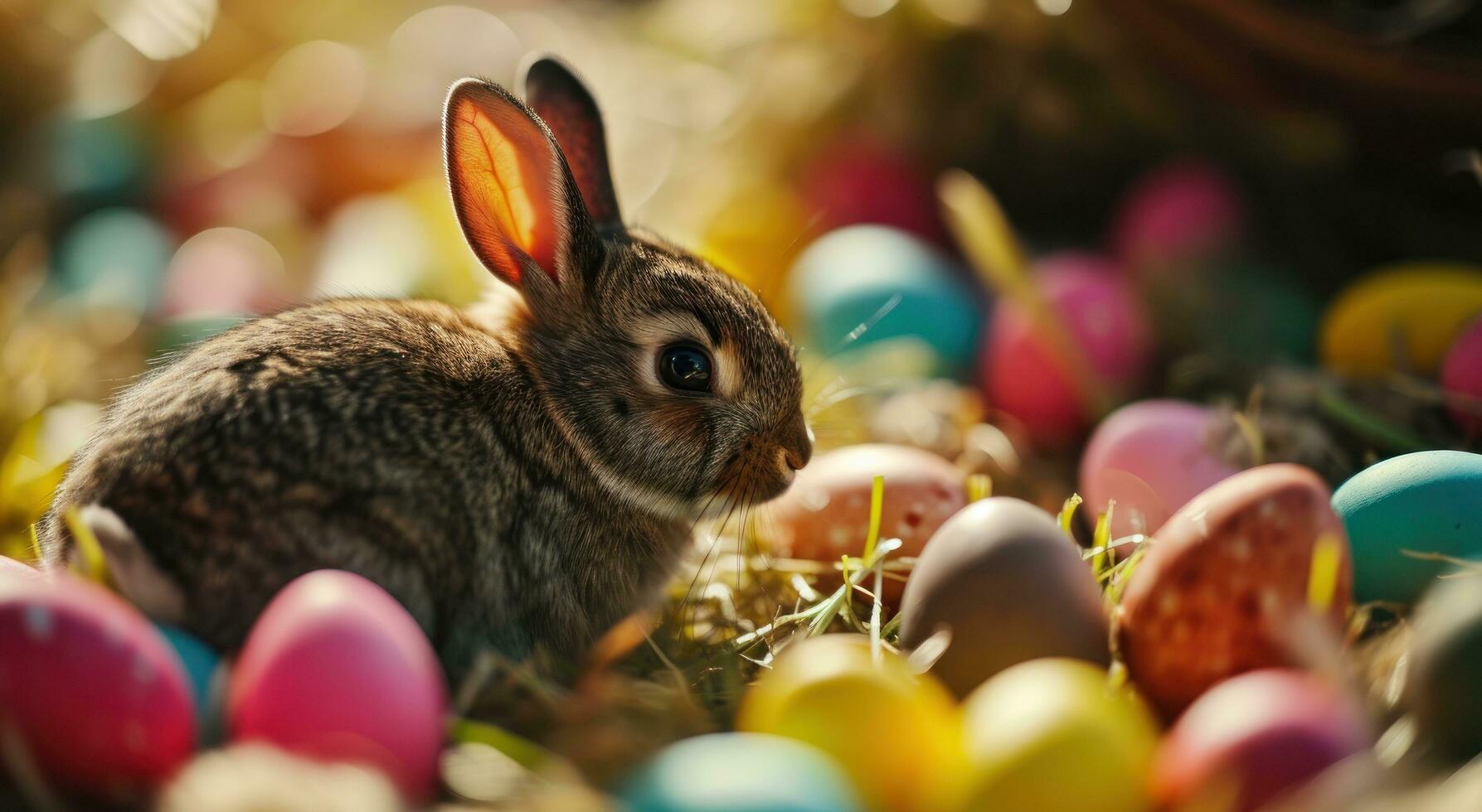 AI generated a small bunny surrounded by colorful eggs photo