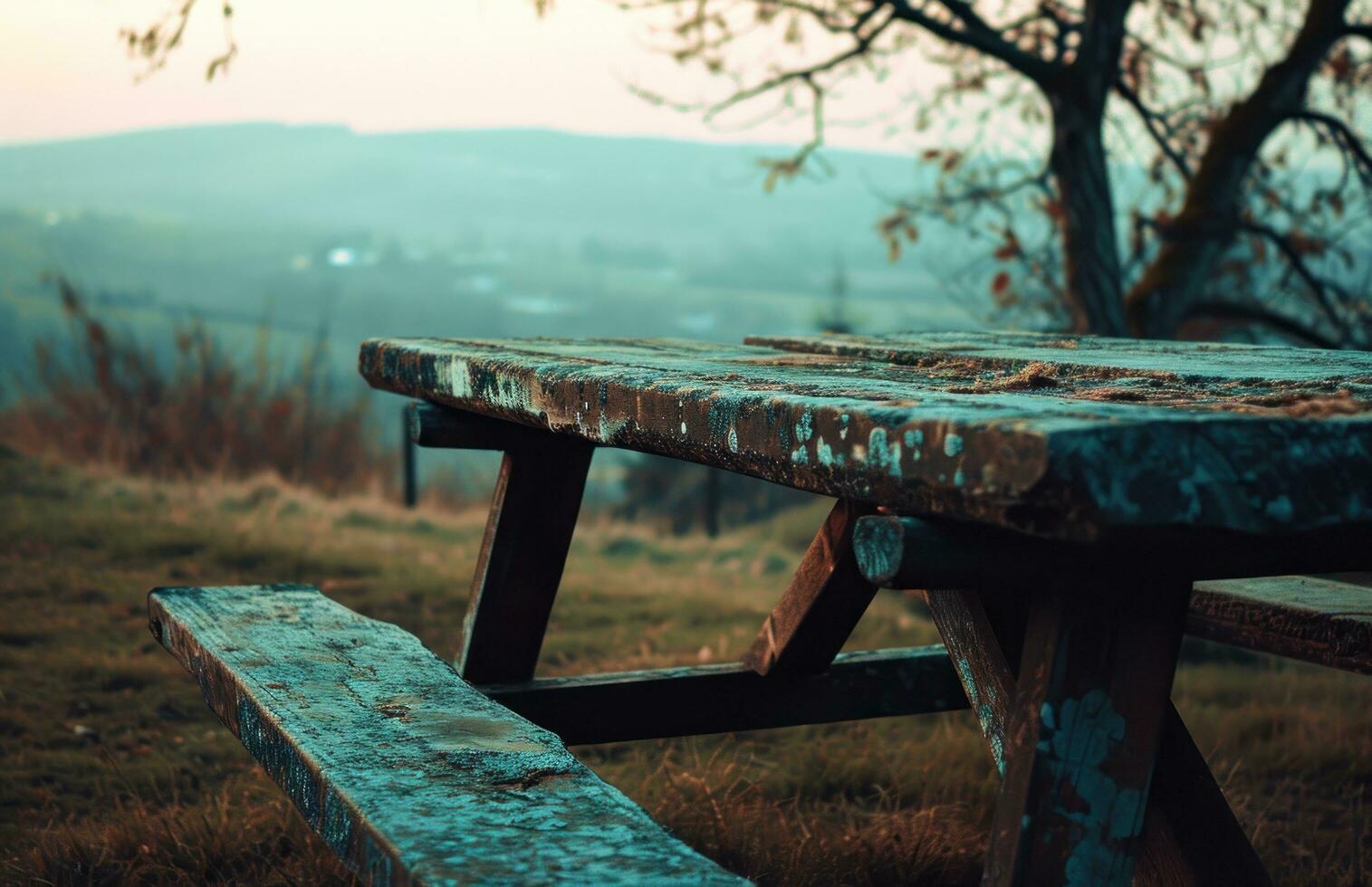 ai generado un picnic mesa sentado fuera de con vista a un tierras de cultivo foto