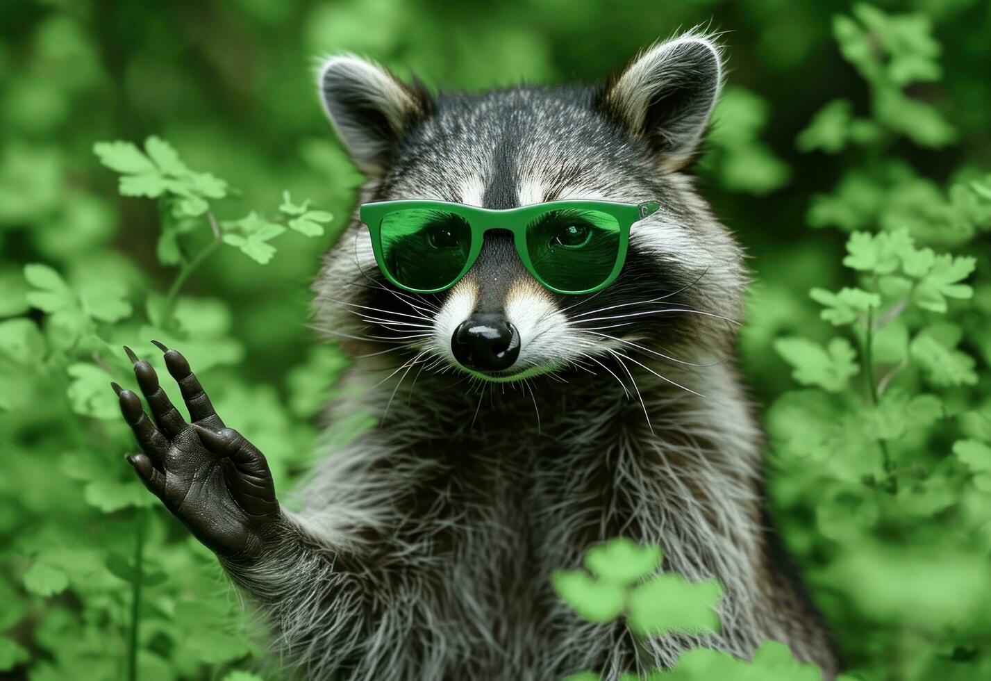 AI generated a raccoon wearing green sunglasses making a hand gesture photo