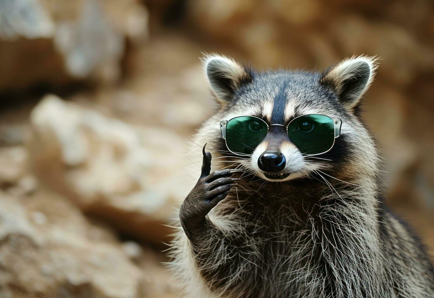 AI generated a raccoon wearing green sunglasses making a hand gesture photo