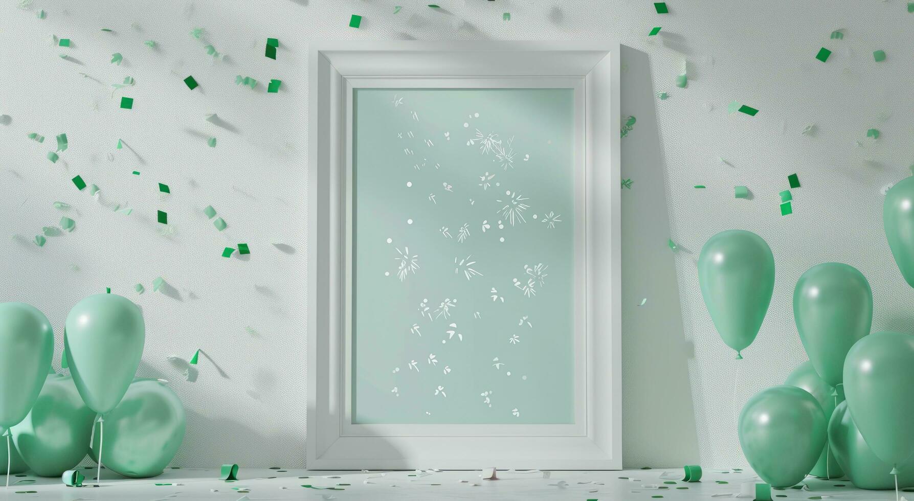 AI generated a white frame on the wall in front of green and white fireworks and confetti photo