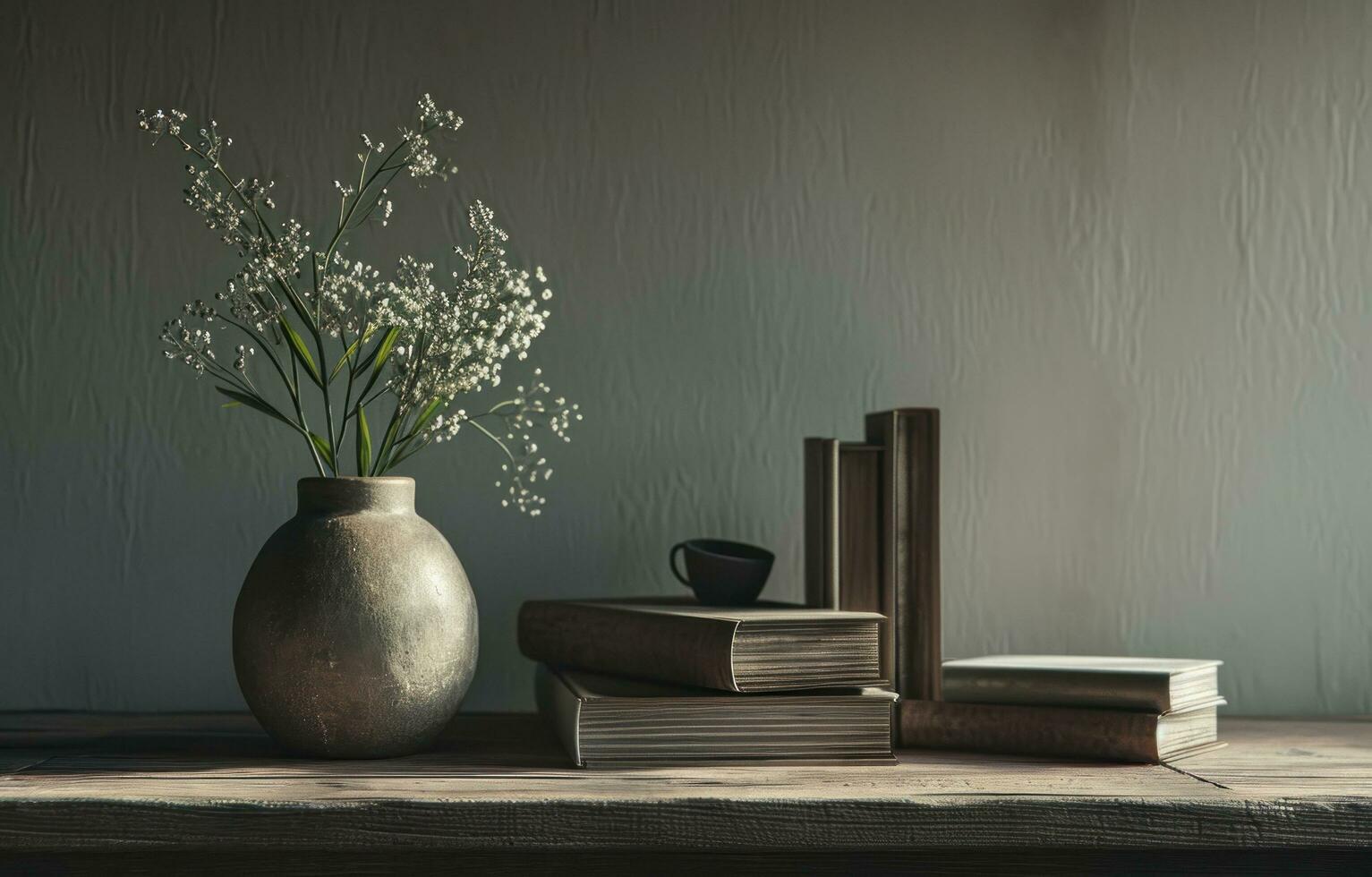 AI generated a vase, books and flowers on an empty wooden table photo