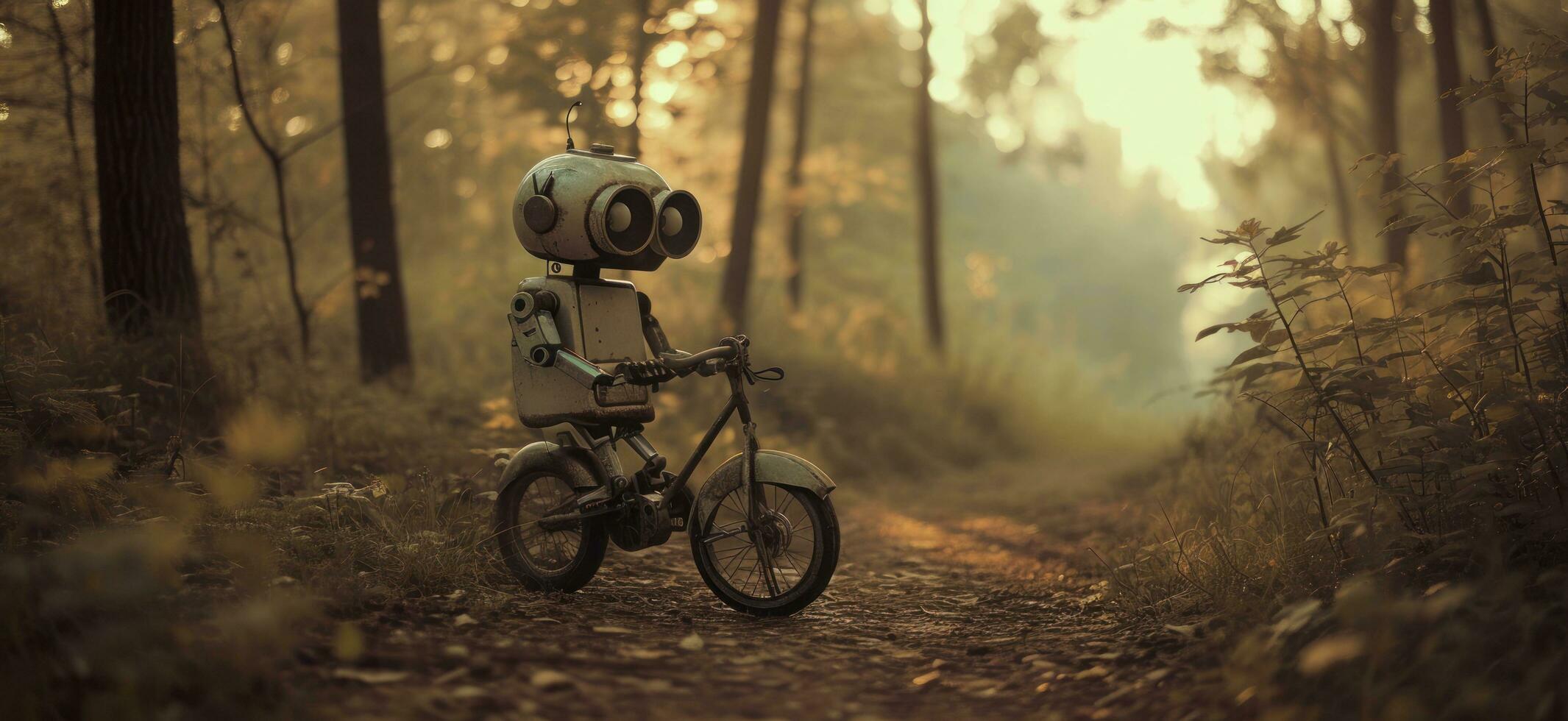 AI generated a robot driving a bicycle through the wooded area photo
