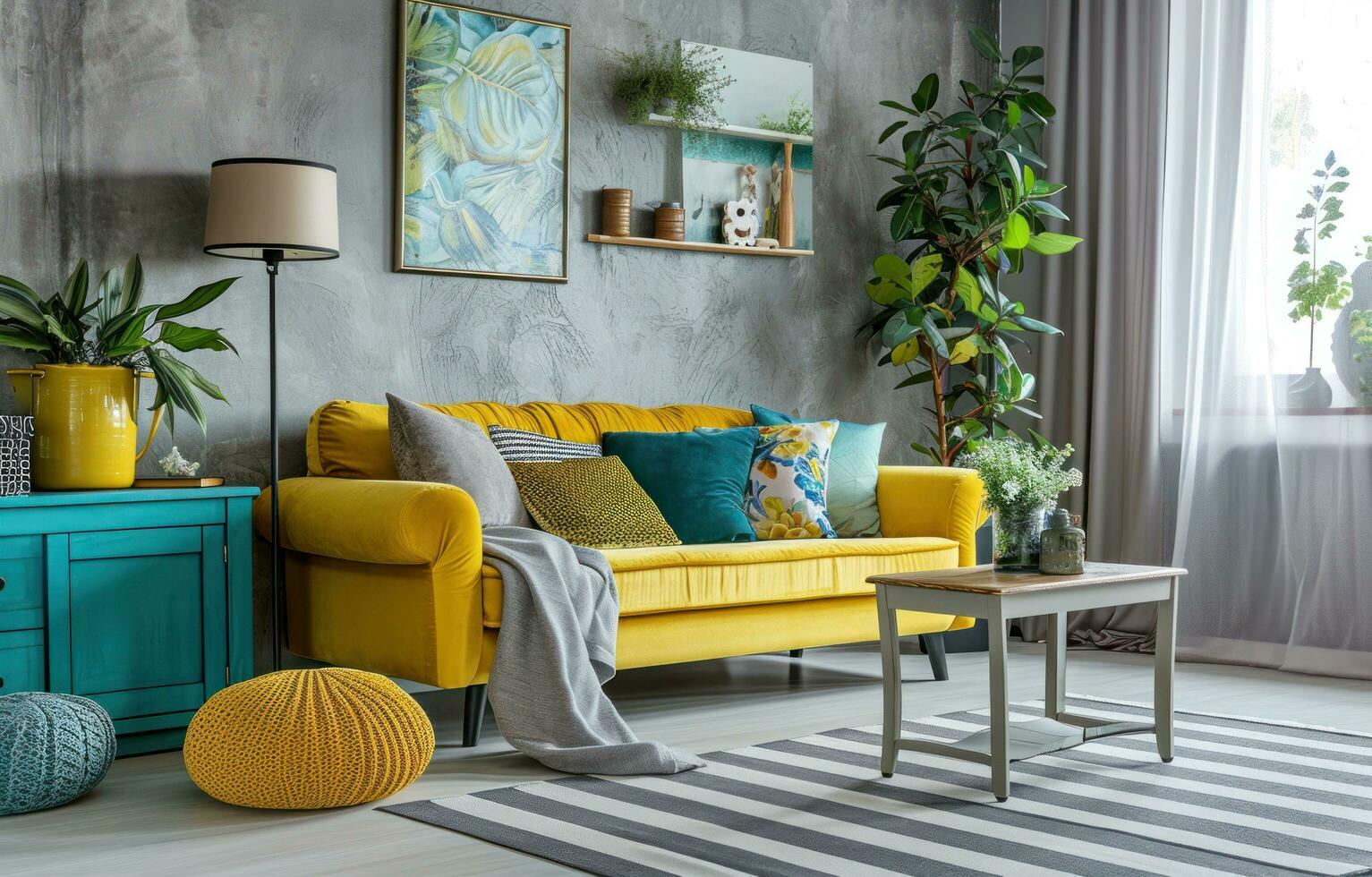 AI generated a gray living room with a yellow couch and colorful pillows photo