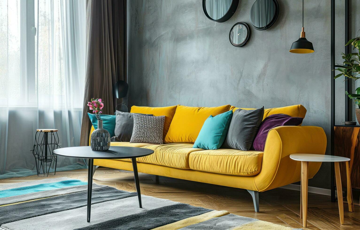 AI generated a gray living room with a yellow couch and colorful pillows photo