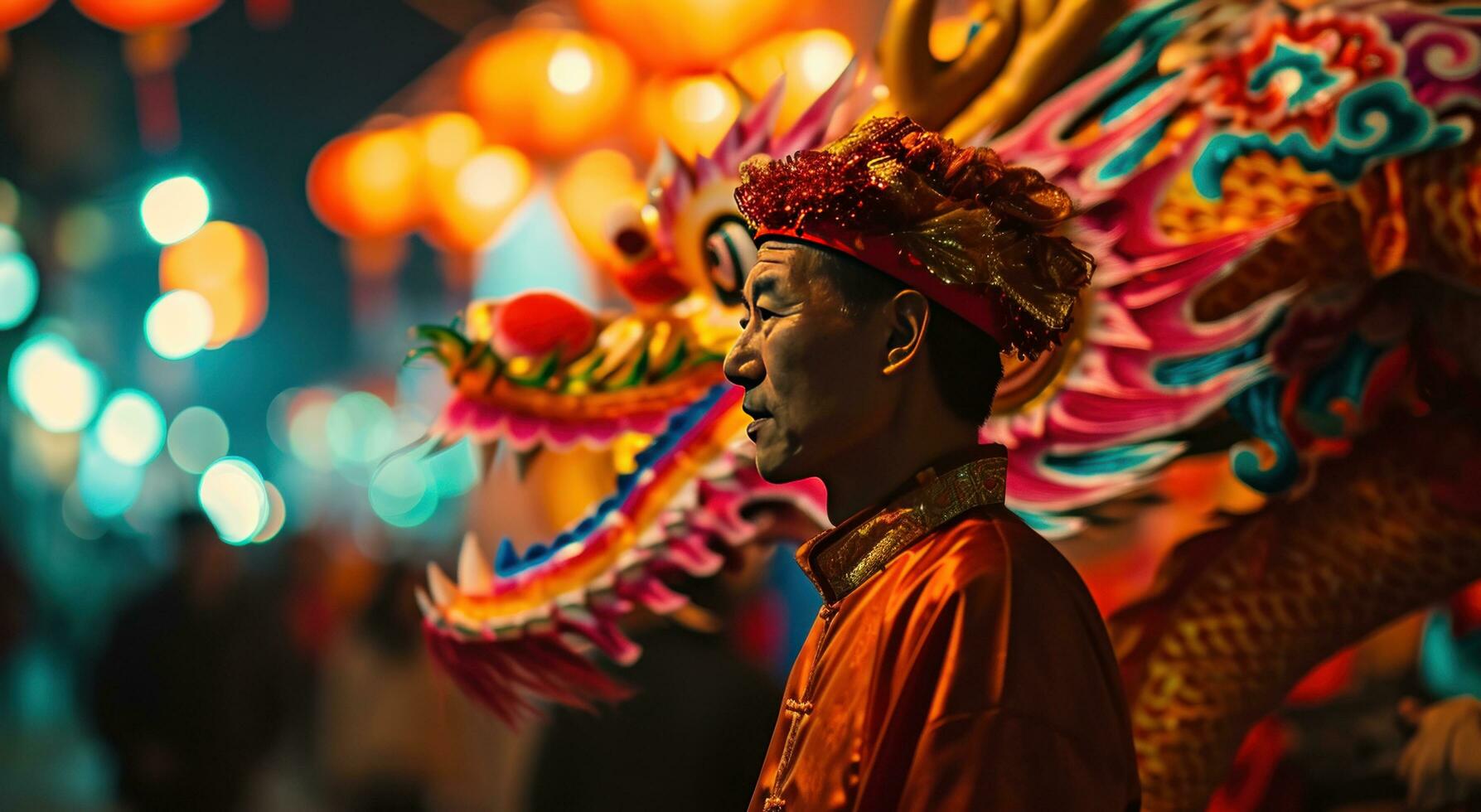 AI generated a man stands next to a colorful dragon to celebrate the new year photo