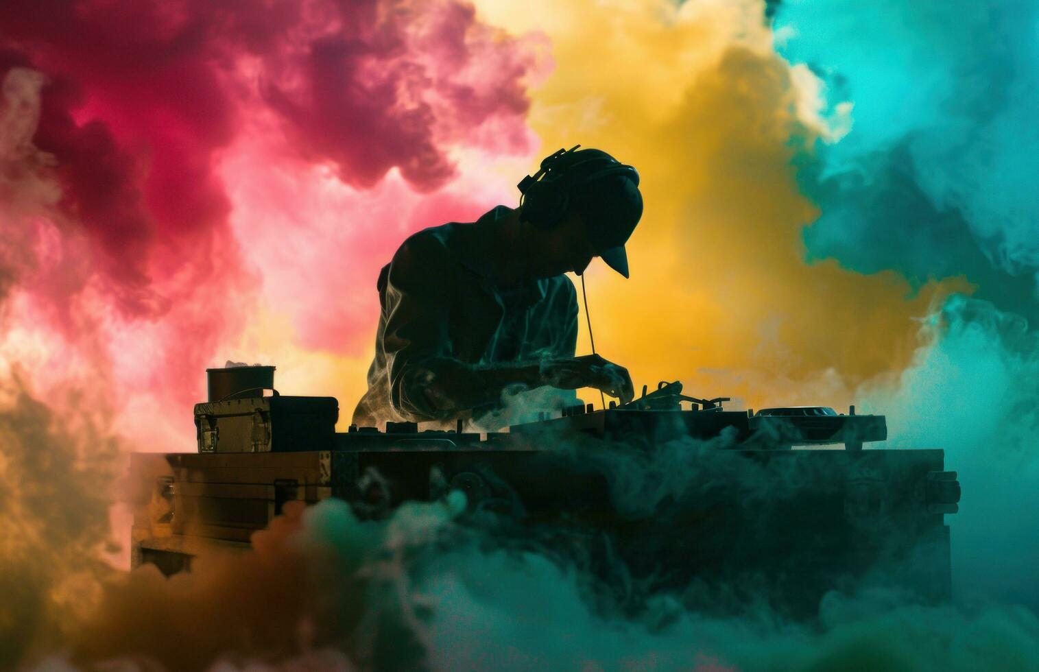 AI generated a dj is in a box with equipment and smoke photo