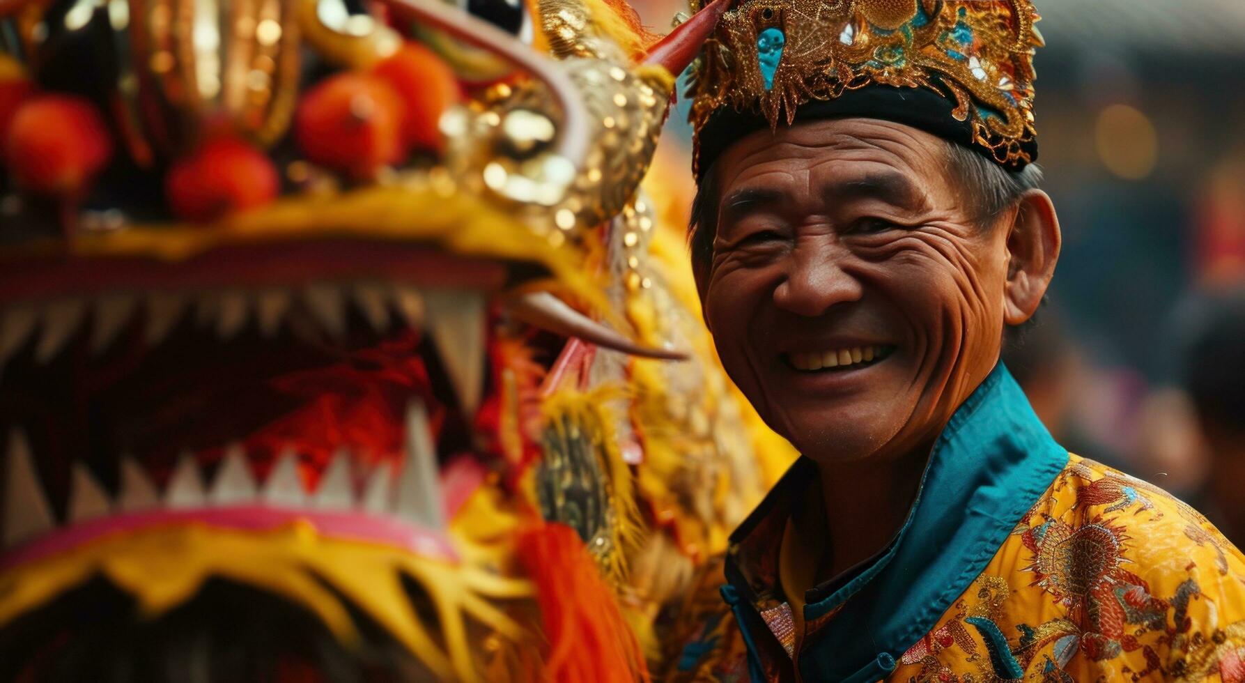 ai generado un hombre en un tradicional chino disfraz sonriente siguiente a un continuar foto