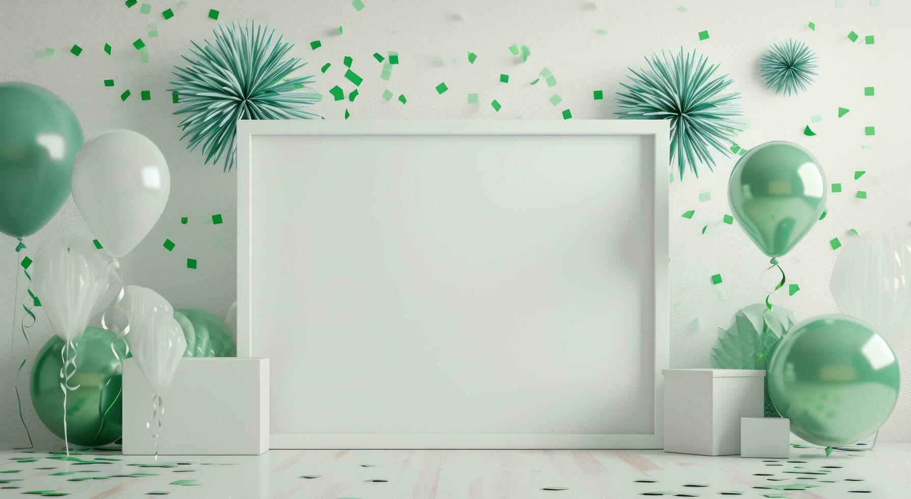 AI generated a white frame on the wall in front of green and white fireworks and confetti photo