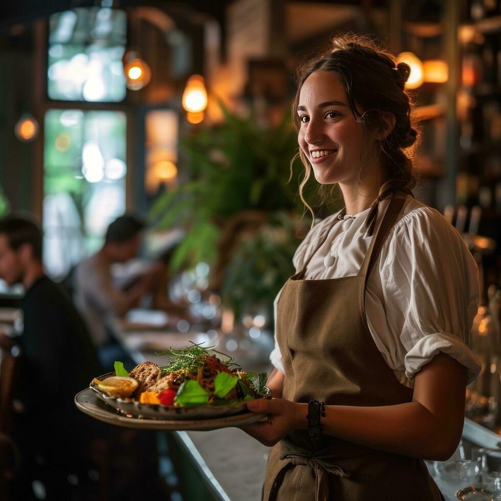 AI generated a young waitress holds a plate full of food as she carries patrons to their table photo