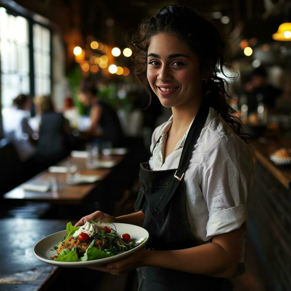 AI generated a young waitress holds a plate full of food as she carries patrons to their table photo