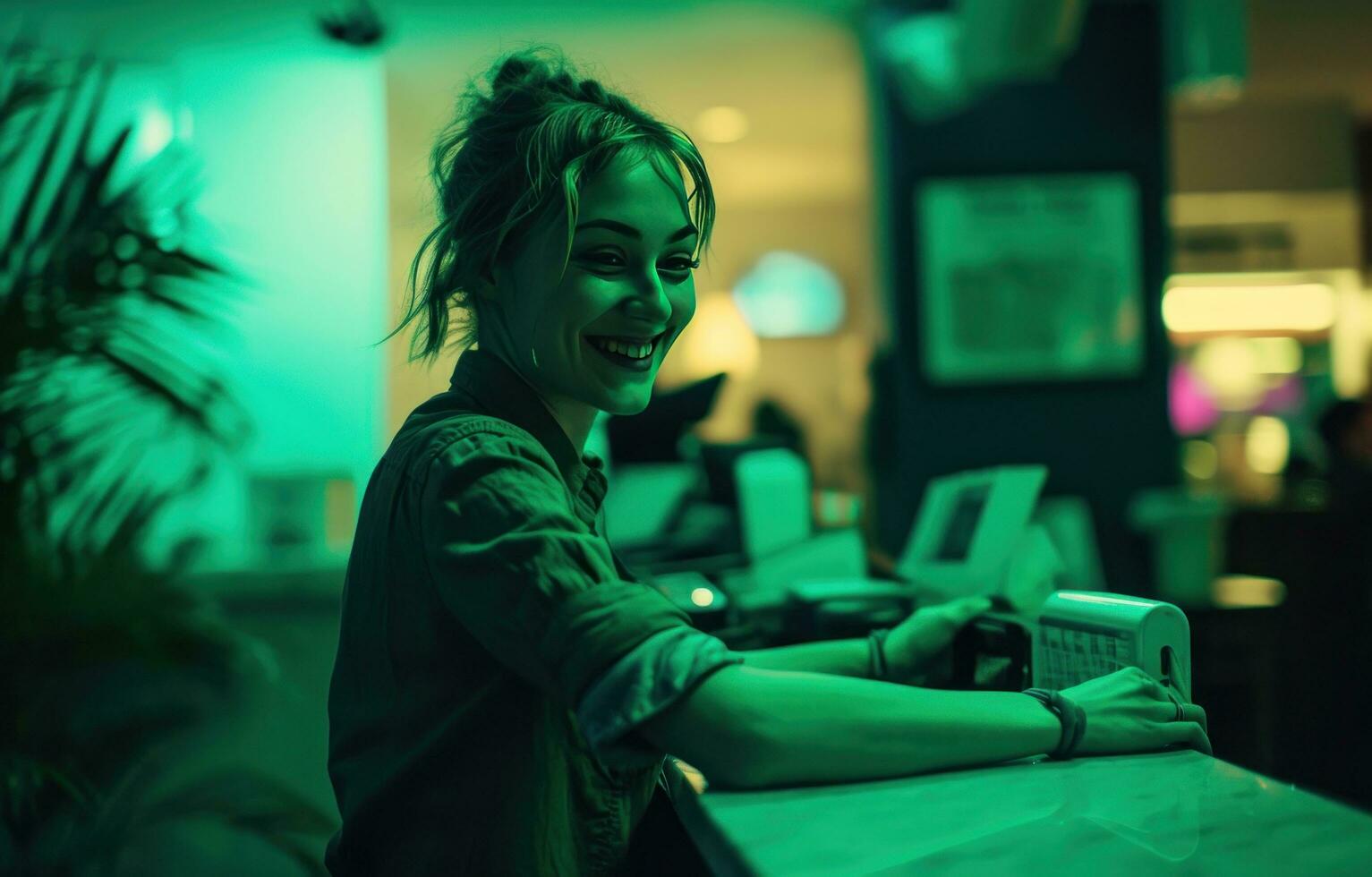 AI generated a woman smiles as she runs over to the register photo