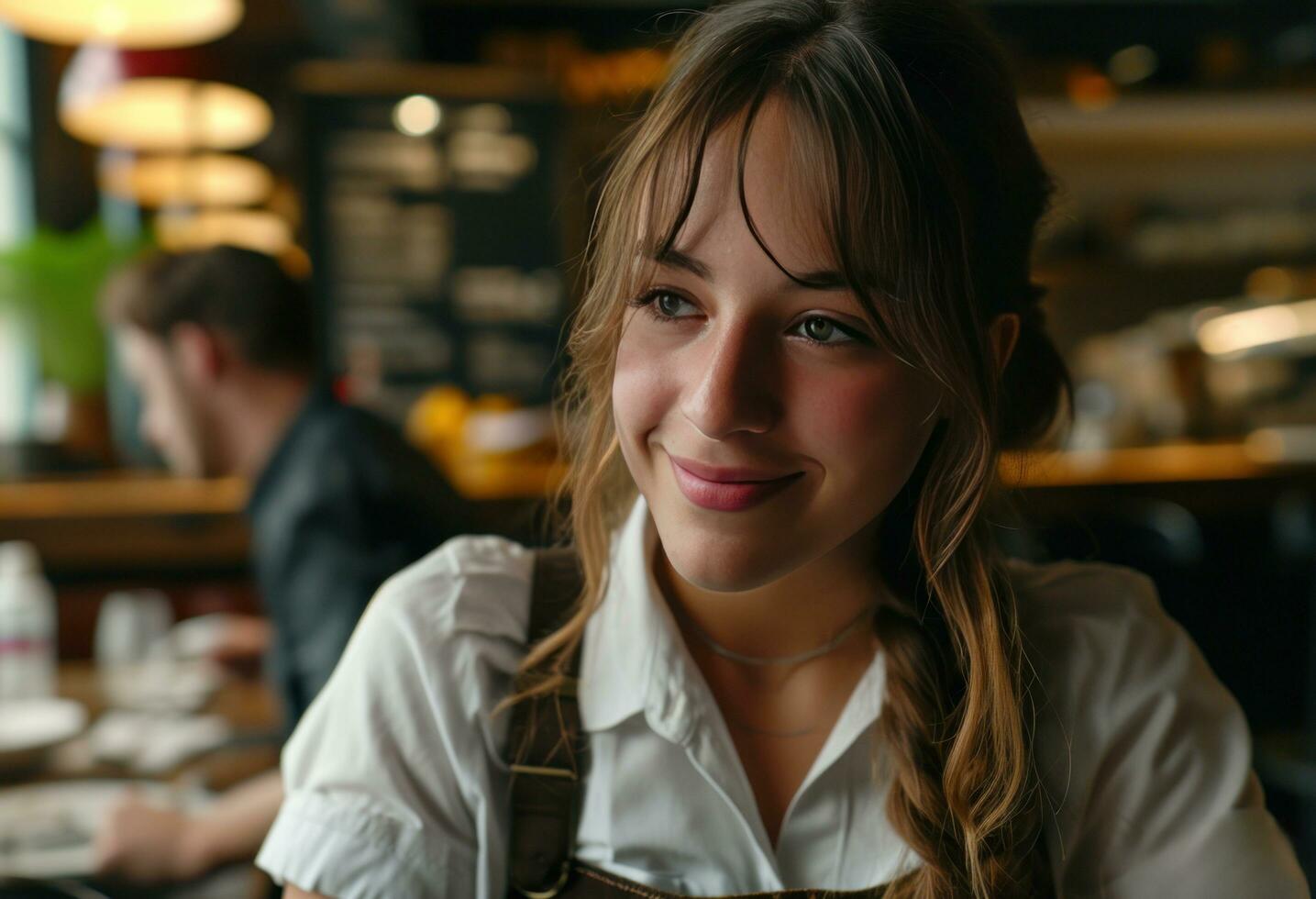 AI generated a young female waitress smiling at her customers in a cafe photo