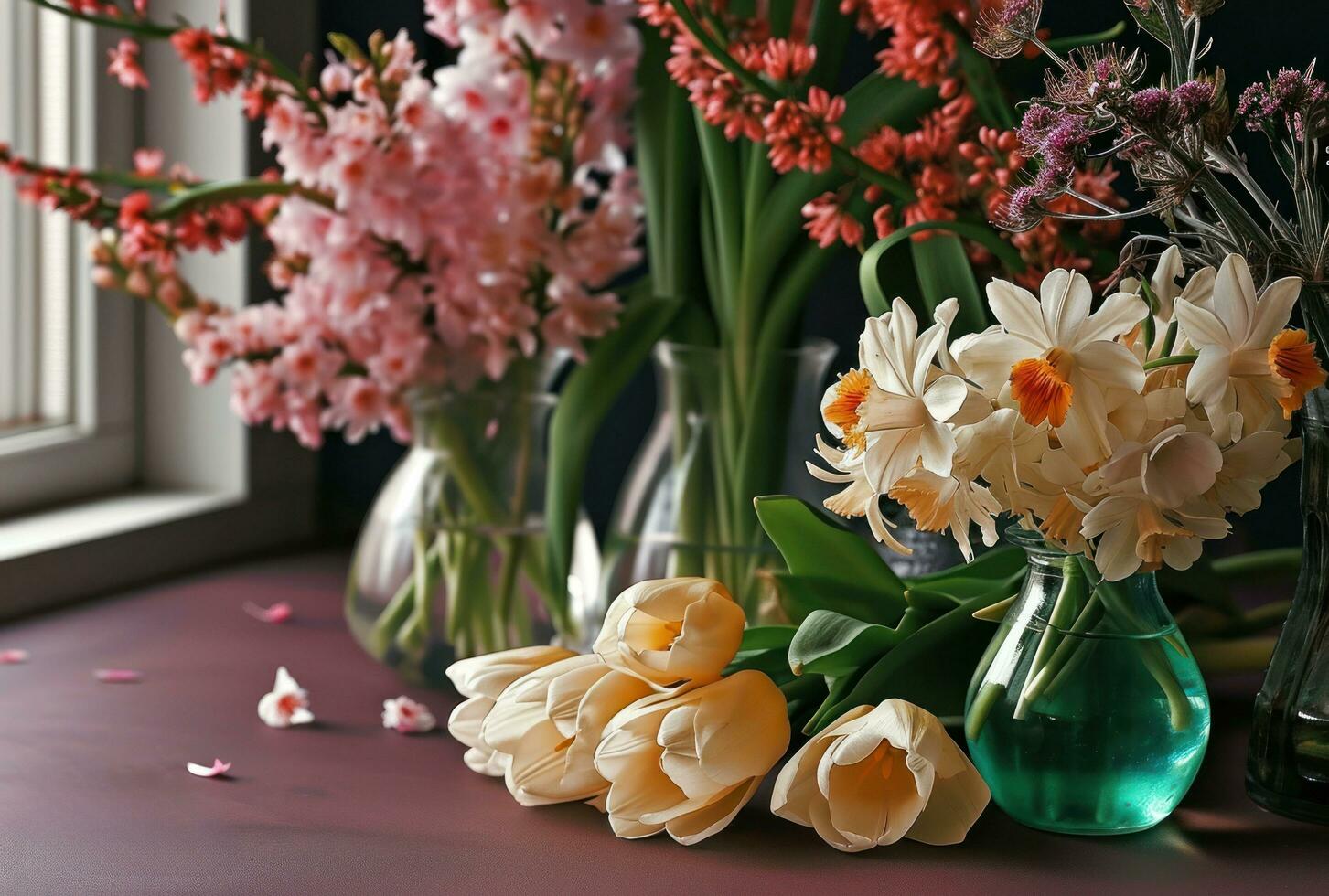 AI generated a window sill with vases of tulips and hyacinths photo