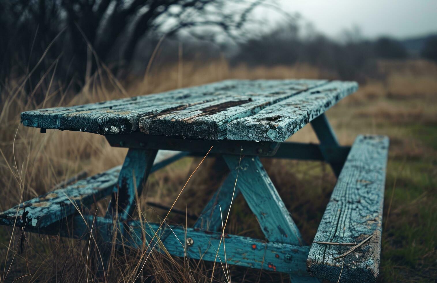 AI generated a wooden picnic table in middle of a field photo