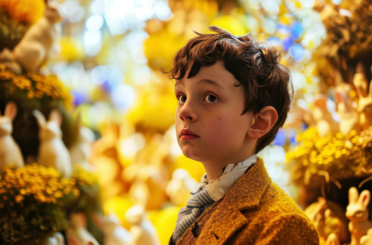 AI generated a young boy standing in front of a large display of bunnies and other easter decorations photo