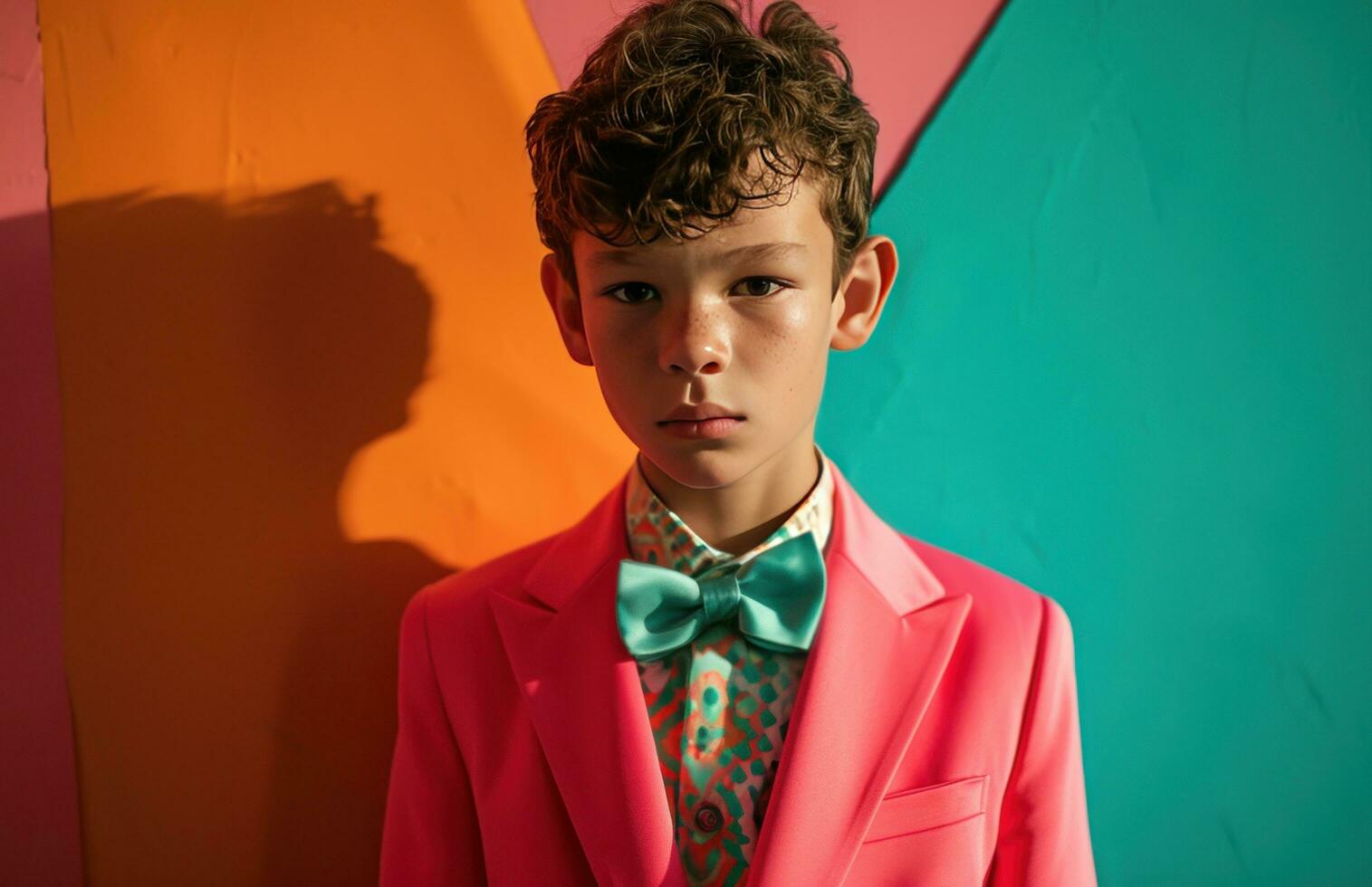 AI generated a young boy in a bright pink suit and bow tie poses for a photo