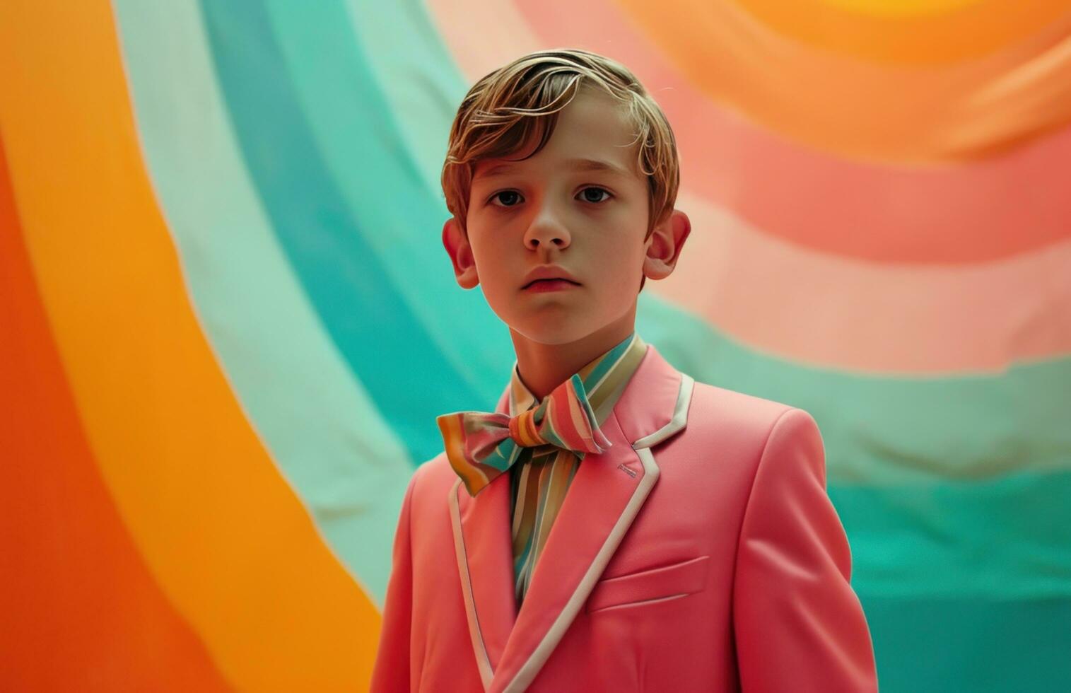 AI generated a young boy in a bright pink suit and bow tie poses for a photo