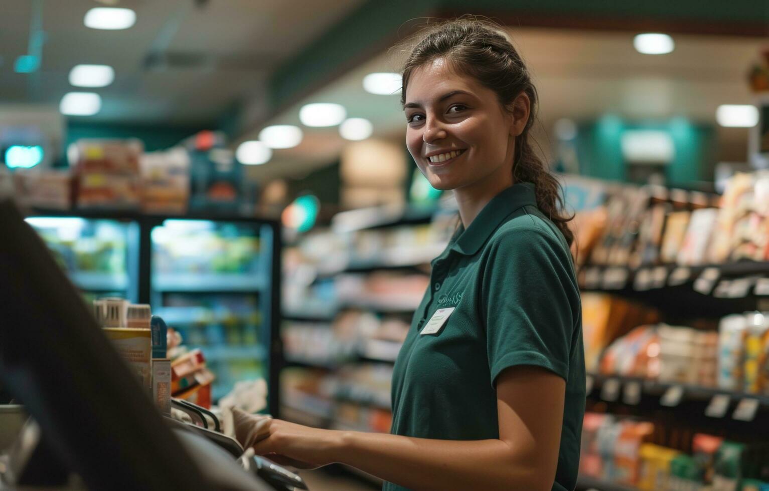 ai generado un mujer en un polo camisa en pie a un Registrarse en un Tienda foto